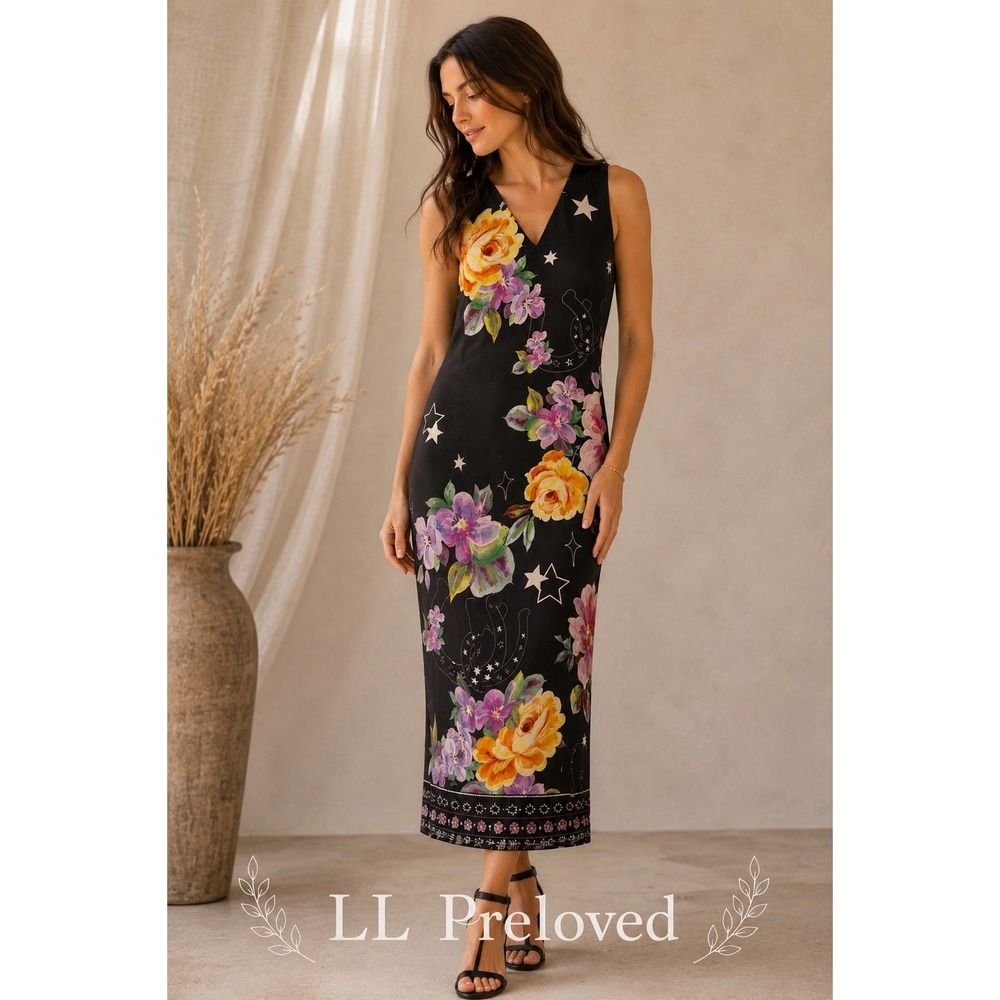 Johnny Was Jade Karolina Tea Length Floral Maxi Dress Black Silk Blend Size S